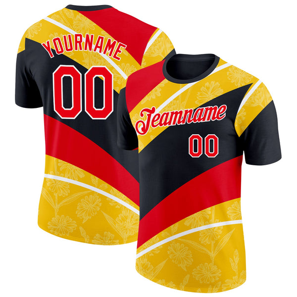 Custom Black Fire Red Yellow-White Germany Flower Soccer Jersey Performance T-Shirt
