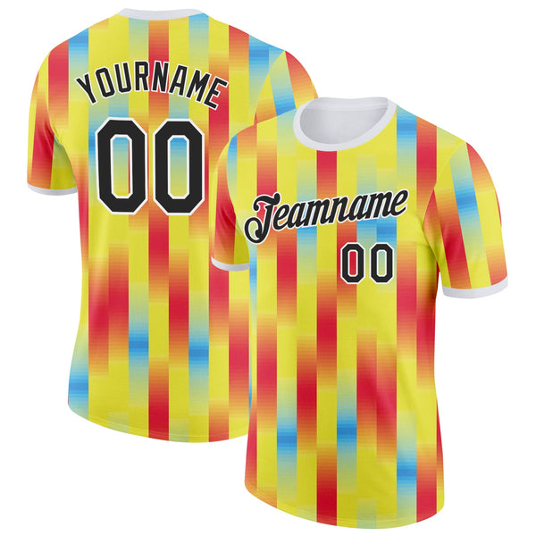 Custom Yellow Black Red Blue-White Ecuador Stripe Soccer Jersey Performance T-Shirt