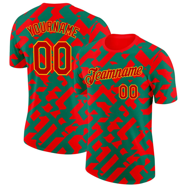 Custom Red Green-Gold Morocco Abstract Soccer Jersey Performance T-Shirt