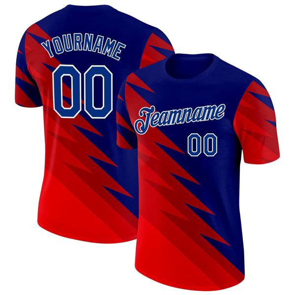 Custom Red Royal-White Haiti Zigzag Geometric Shape Soccer Jersey Performance T-Shirt