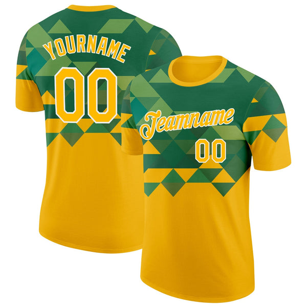 Custom Gold Green-White Brazil Geometric Shape Soccer Jersey Performance T-Shirt