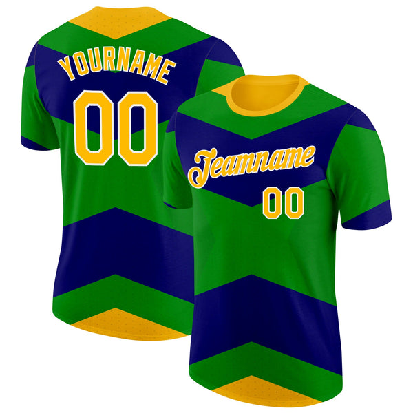 Custom Green Gold Blue-White Brazil Geometric Shape Soccer Jersey Performance T-Shirt