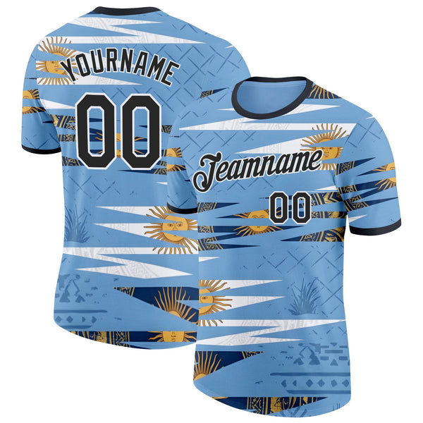 Custom Blue Black-White Argentina Sun Line Soccer Jersey Performance T-Shirt