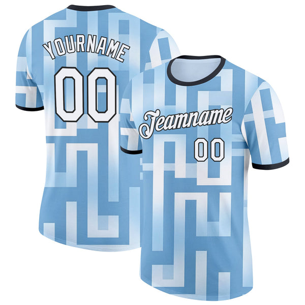 Custom Blue White-Black Argentina Geometric Shape Soccer Jersey Performance T-Shirt
