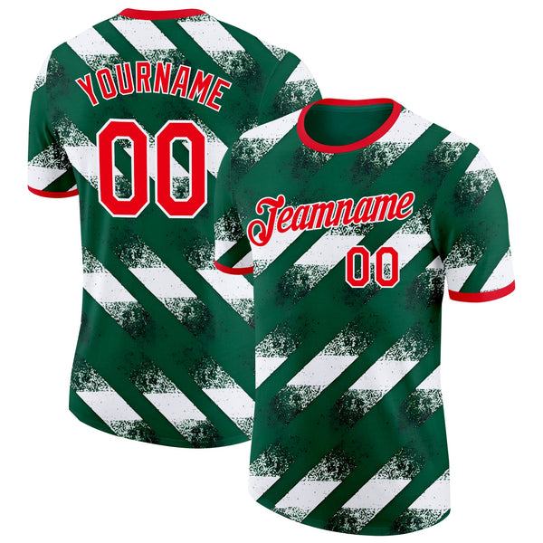 Custom Green Fire Red-White Algeria Distressed Diagonal Stripe Soccer Jersey Performance T-Shirt
