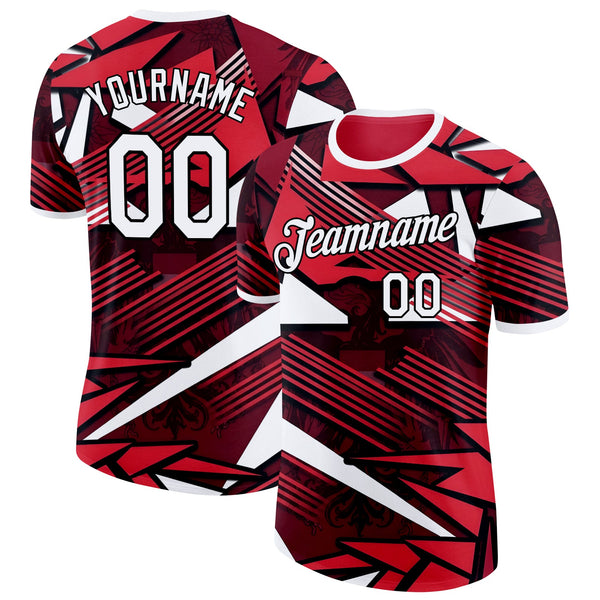 Custom Red White-Black Austria Geometric Line Soccer Jersey Performance T-Shirt