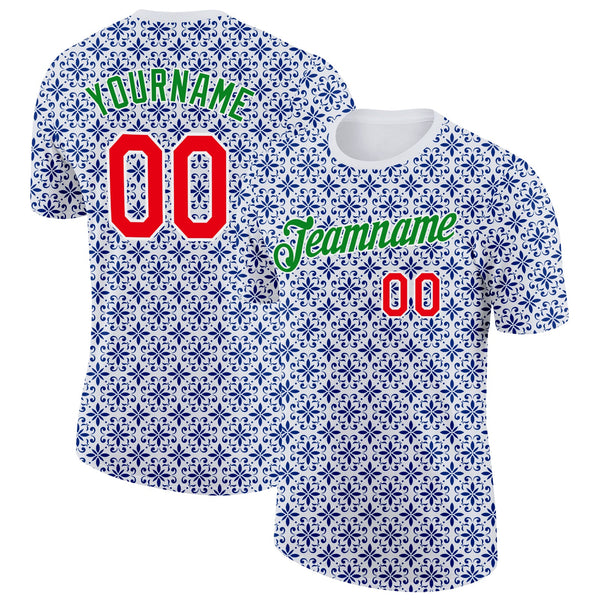 Custom White Fire Red Grass Green-Blue Portugal Floral Performance T-Shirt