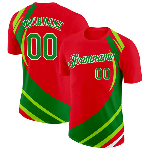 Custom Red Grass Green-White Portugal Stripe Color Block Performance T-Shirt