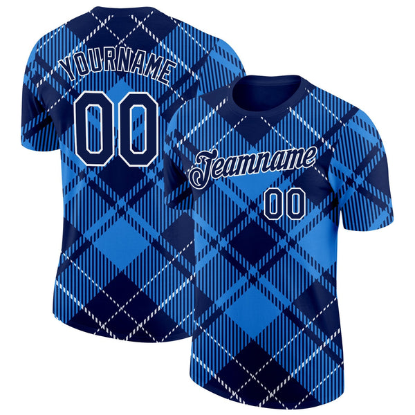 Custom Navy White-Powder Blue Scotland Plaid Performance T-Shirt