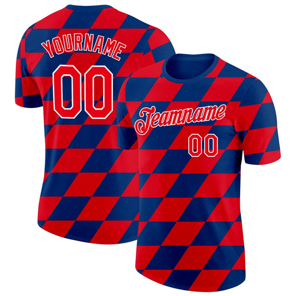 Custom US Navy Blue Fire Red-White Croatia Rhombus Performance T-Shirt