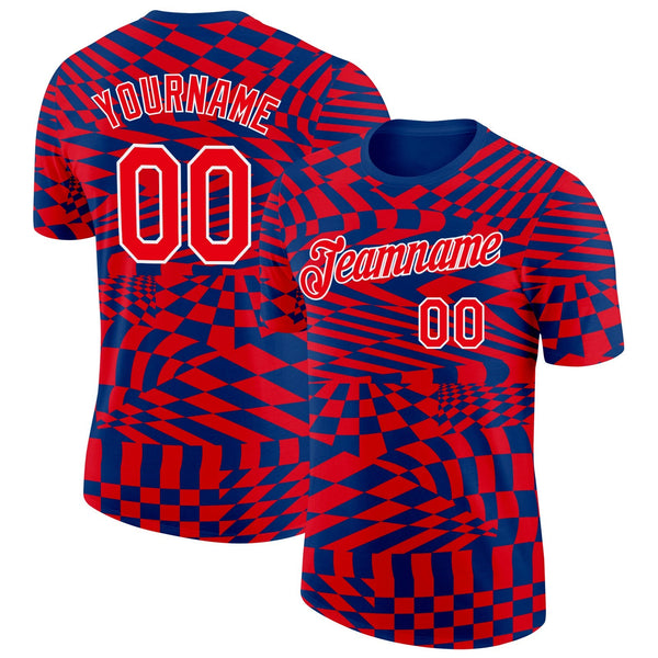 Custom US Navy Blue Fire Red-White Croatia Plaid Performance T-Shirt