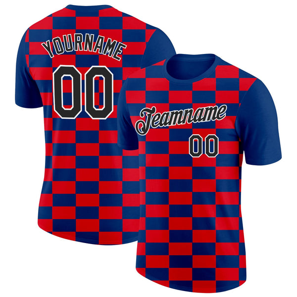 Custom Blue Black White-Red Croatia Plaid Performance T-Shirt