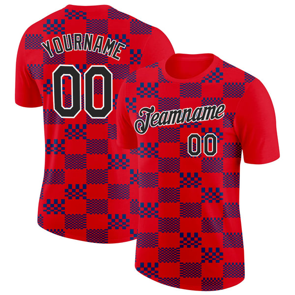 Custom Red Black White-Blue Croatia Plaid Performance T-Shirt
