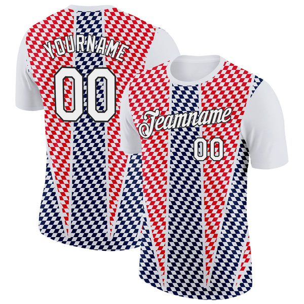 Custom White Black Red-Navy Croatia Plaid Performance T-Shirt