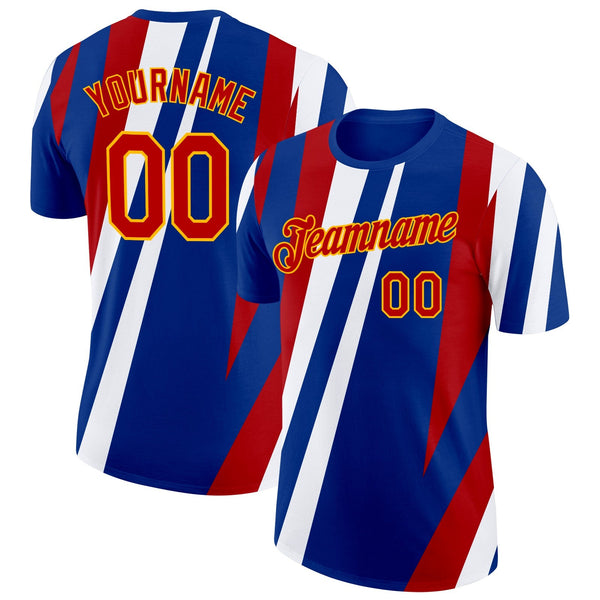 Custom Royal Red Gold-White France Lines Performance T-Shirt