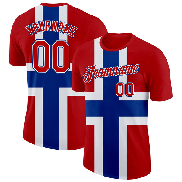 Custom Red White-Royal Norway Flag Soccer Jersey Performance T-Shirt