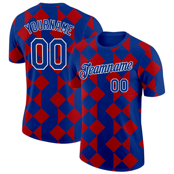 Custom Royal White-Red Norway Geometric Performance T-Shirt