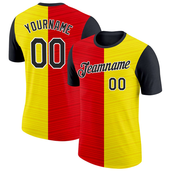Custom Gold Black Red-White Spain Split Stripe Performance T-Shirt