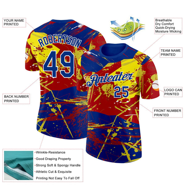 Custom Royal Red Yellow-White Spain Splash Performance T-Shirt alternate