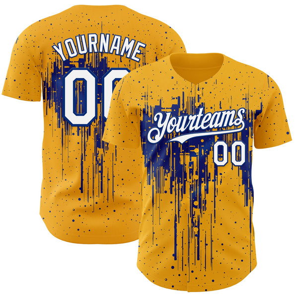 Custom Gold White-Royal Dripping Splatter Paint Authentic Baseball Jersey