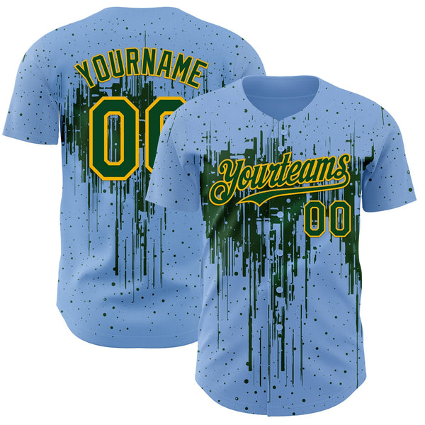 Custom Light Blue Green-Gold Dripping Splatter Paint Authentic Baseball Jersey