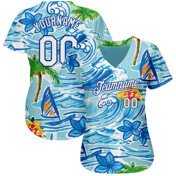 Custom White Royal 3D Pattern Design Beach Hawaii Palm Trees And Flowers Authentic Baseball Jersey alternate