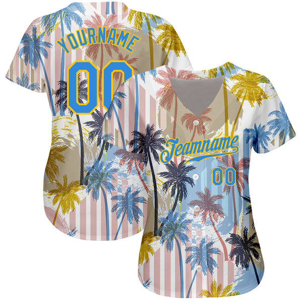 Custom White Electric Blue-Yellow 3D Pattern Design Hawaii Coconut Palms Authentic Baseball Jersey alternate