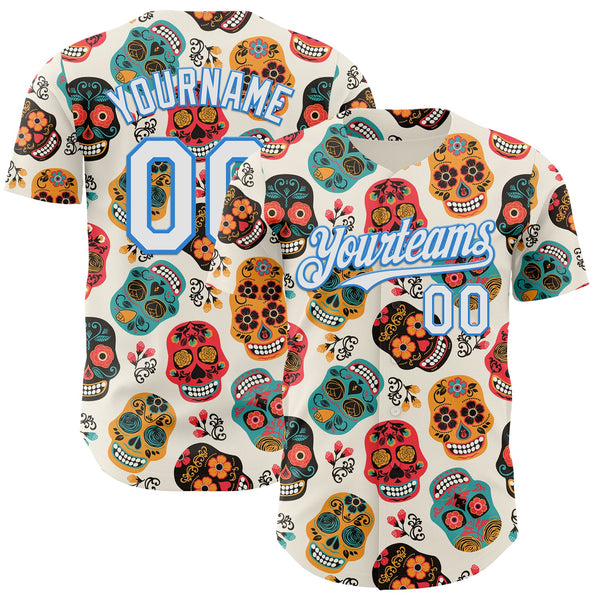 Custom Cream White-Electric Blue Sugar Skull Day of the Dead Mexican Folk Art Authentic Baseball Jersey