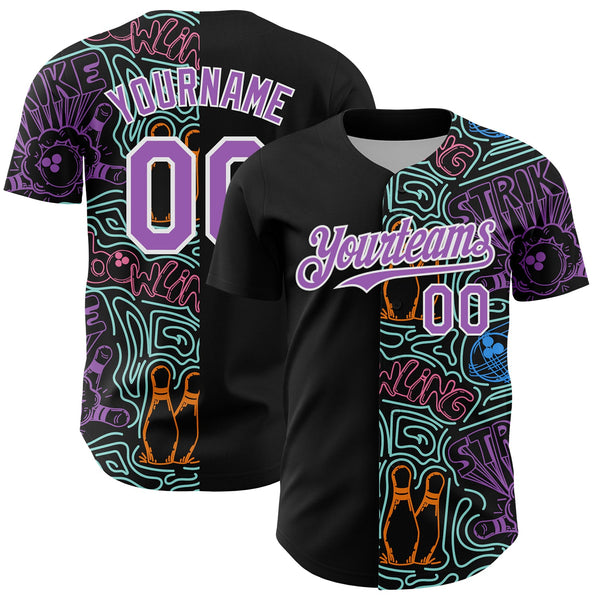 Custom Black Medium Purple White-Ice Blue Bowling Doodle Split Authentic Baseball Jersey