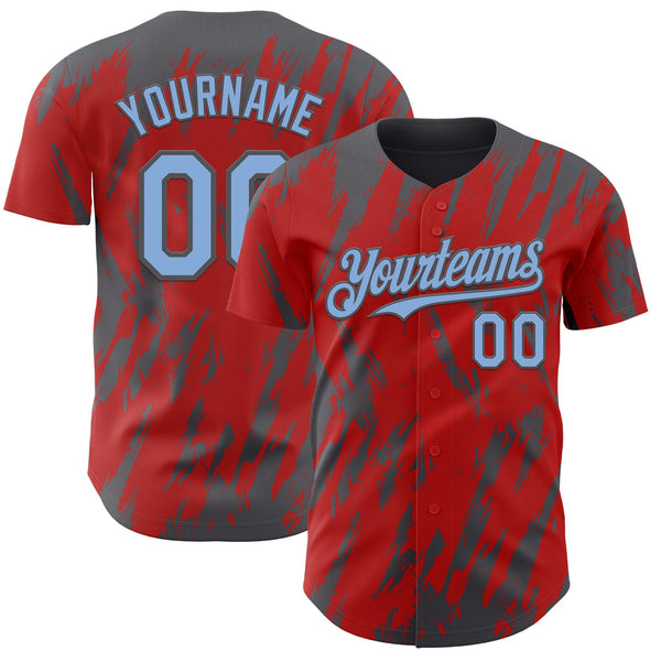 Custom Red Light Blue-Steel Gray Splatter Torn Sharp Brush Stroke Authentic Baseball Jersey
