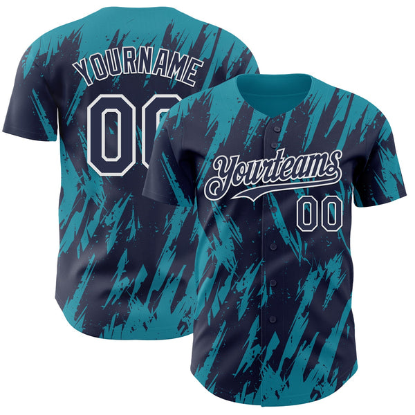 Custom Navy White-Teal Splatter Torn Sharp Brush Stroke Authentic Baseball Jersey