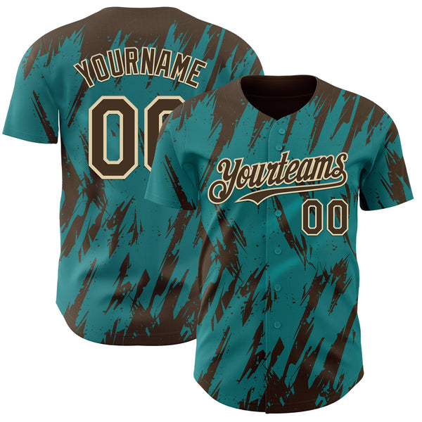 Custom Teal Brown-Cream Splatter Torn Sharp Brush Stroke Authentic Baseball Jersey