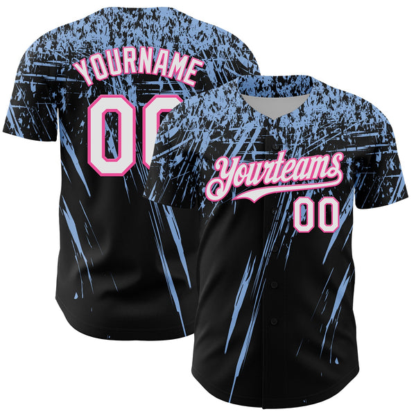 Custom Black White Light Blue-Pink Distressed Scratch Brush Stroke Authentic Baseball Jersey