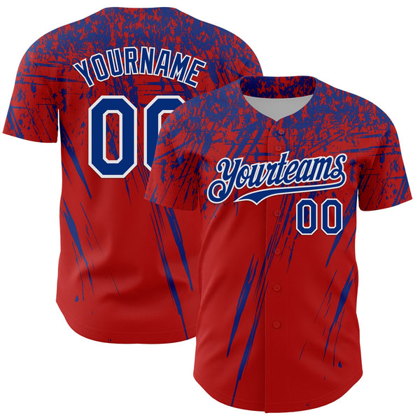 Custom Red Royal-White Distressed Scratch Brush Stroke Authentic Baseball Jersey