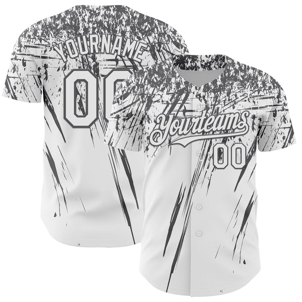 Custom White Steel Gray Distressed Scratch Brush Stroke Authentic Baseball Jersey