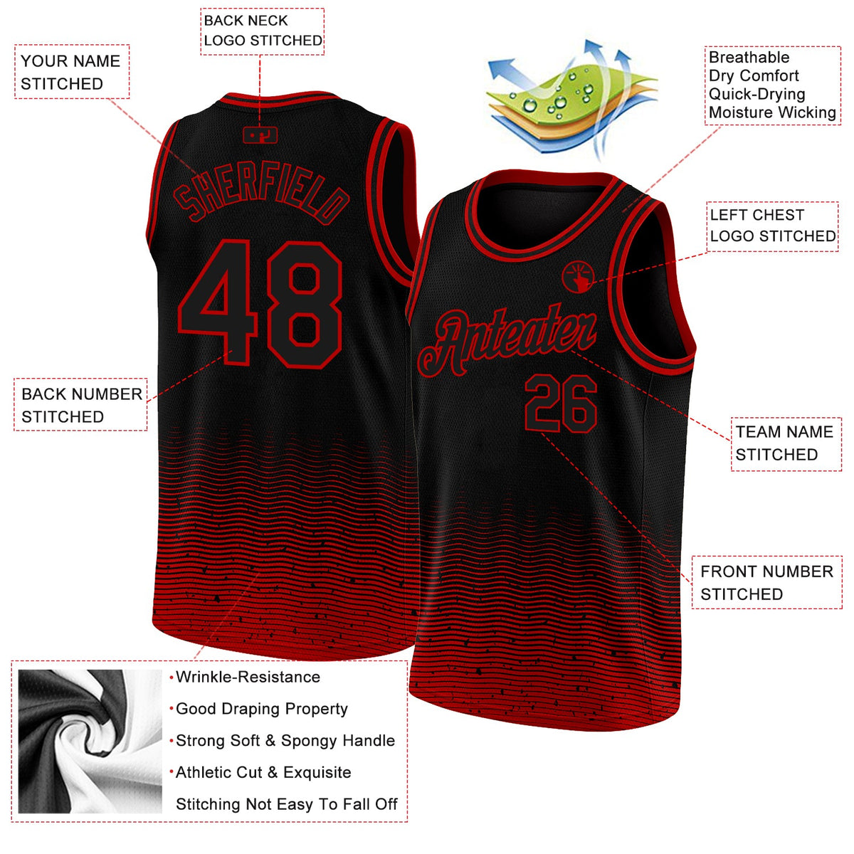 Custom Black Red Fade Fashion Authentic City Edition Basketball Jersey - Back