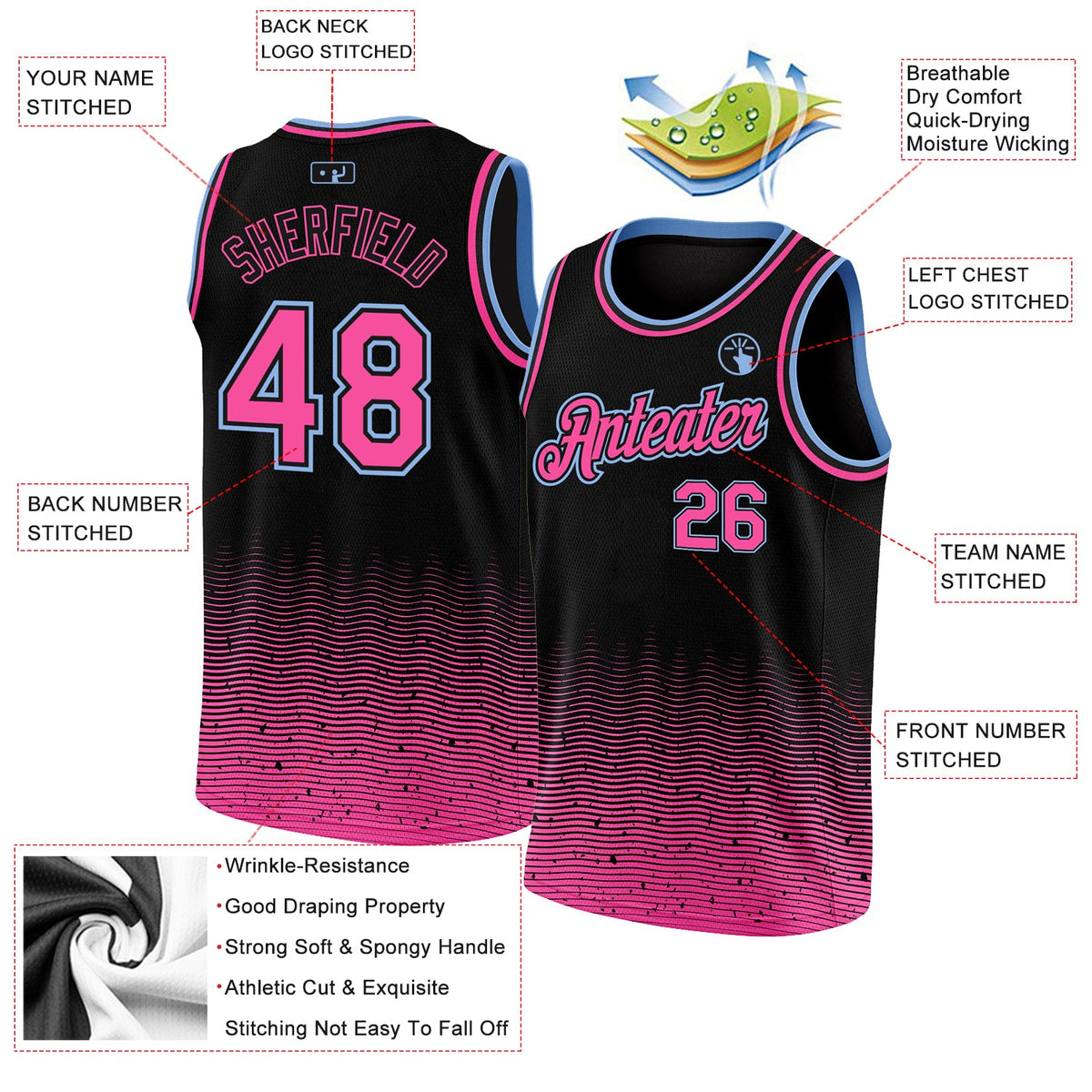 Custom Black Pink-Light Blue Fade Fashion Authentic City Edition Basketball Jersey - Back