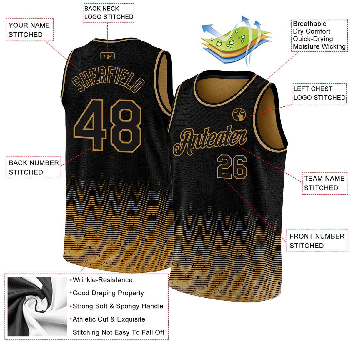 Custom Black Old Gold Fade Fashion Authentic City Edition Basketball Jersey - Back