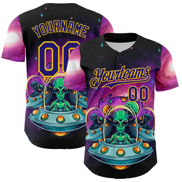Custom Black Dark Purple-Yellow Alien UFO Space Galaxy Authentic Baseball Jersey