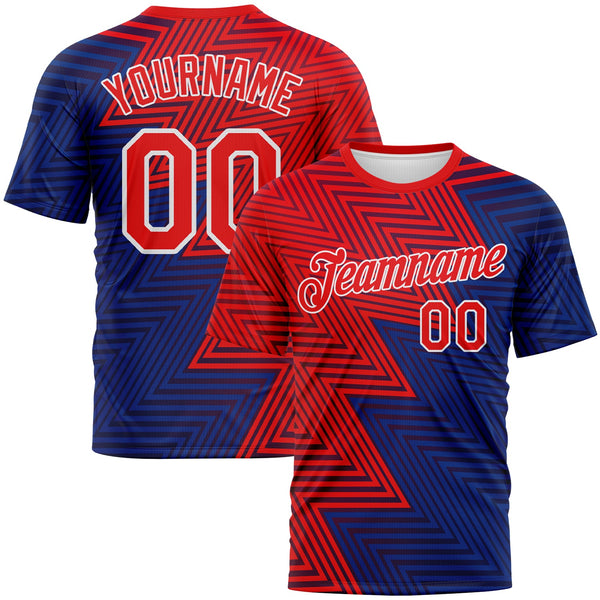 Custom Fire Red Blue-White Zigzag Lineal Performance T-Shirt