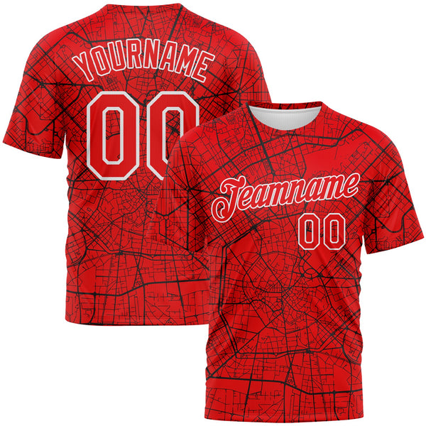 Custom Fire Red-White City Street Map Urban Grid Performance T-Shirt