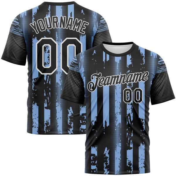 Custom Light Blue Black-White Vintage Vertical Stripe Fantasy Performance T-Shirt