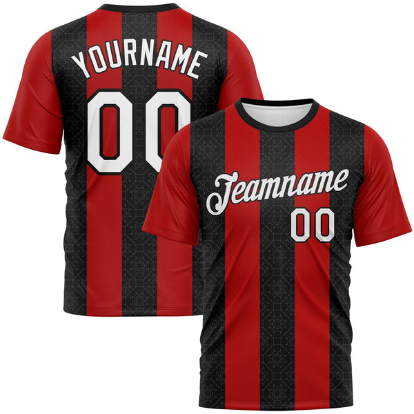 Custom Black White-Red Vertical Stripe Geometric Performance T-Shirt