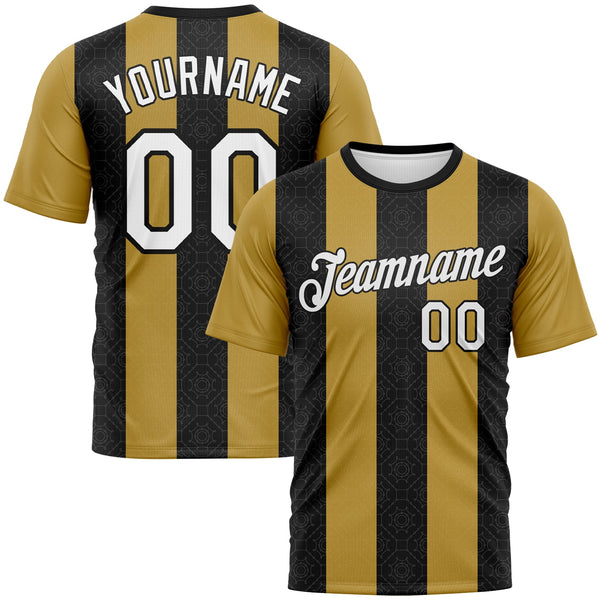 Custom Old Gold White-Black Vertical Stripe Geometric Performance T-Shirt