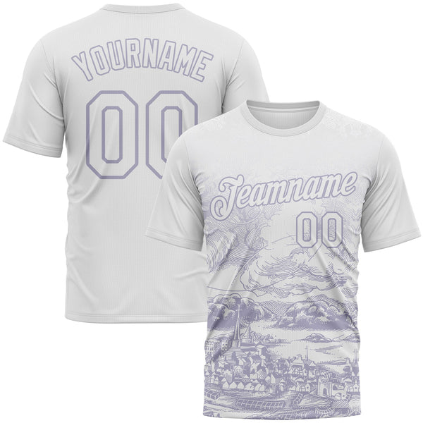 Custom White-Light Purple Vintage Line Art Cityscape Performance T-Shirt