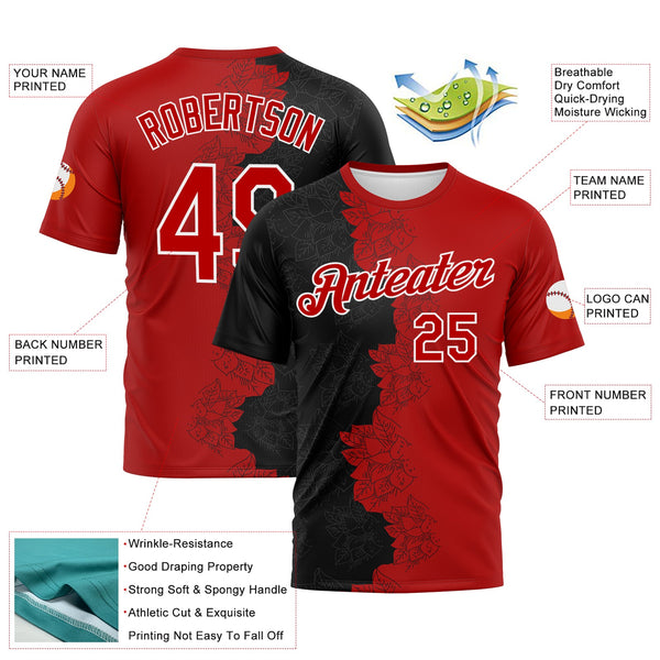 Custom Black Red-White Flower Sketch Split Fashion Performance T-Shirt alternate