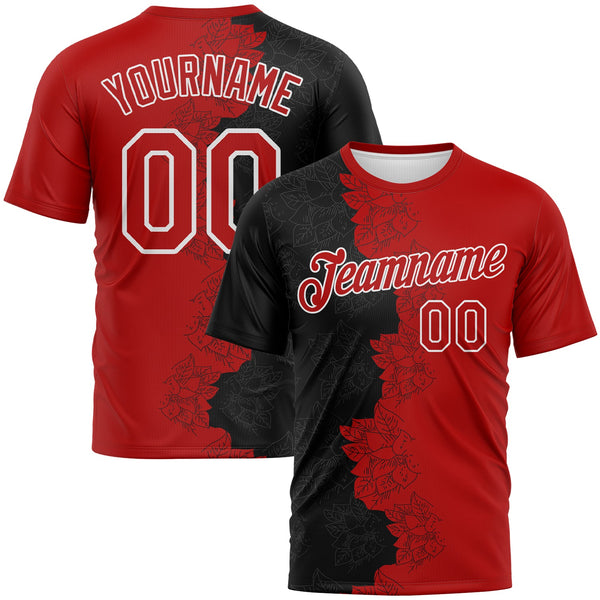 Custom Black Red-White Flower Sketch Split Fashion Performance T-Shirt