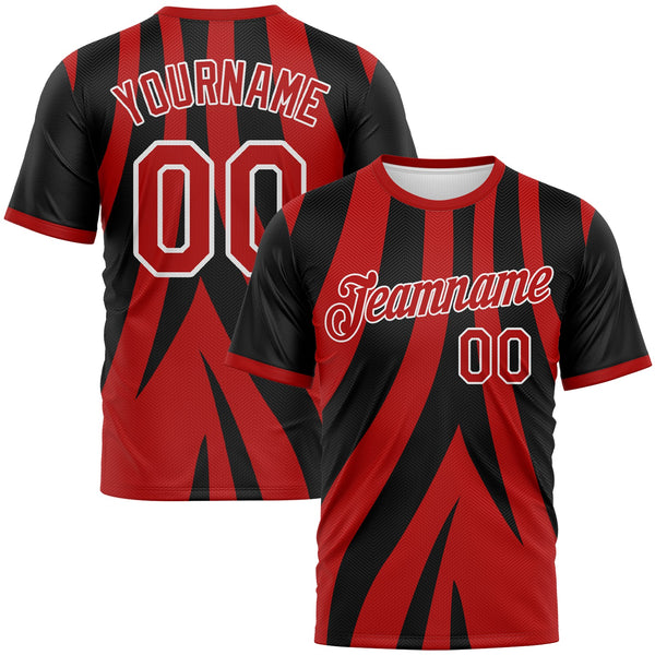 Custom Black Red-White Jagged Stripe Abstract Geometric Performance T-Shirt