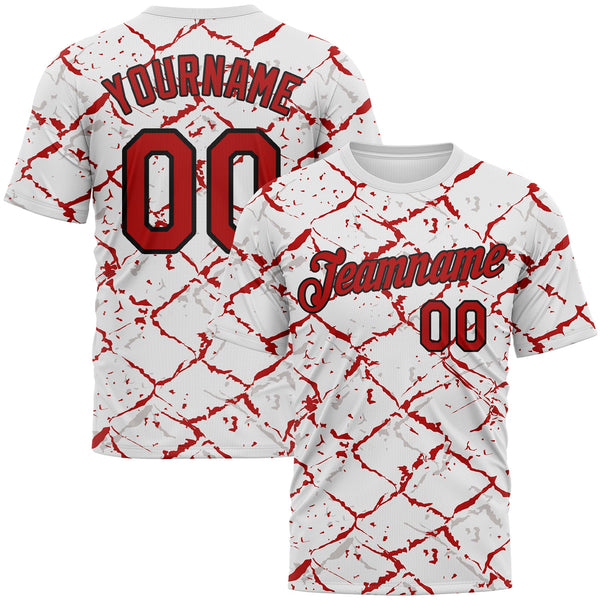 Custom White Red-Black Chain Link Cracked Performance T-Shirt