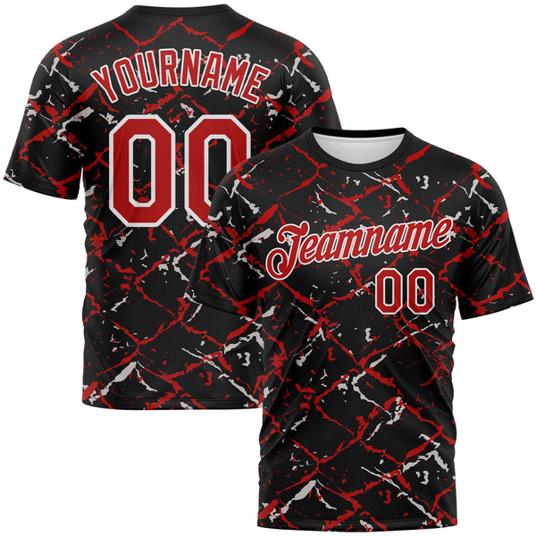 Custom Black Red-White Chain Link Cracked Performance T-Shirt